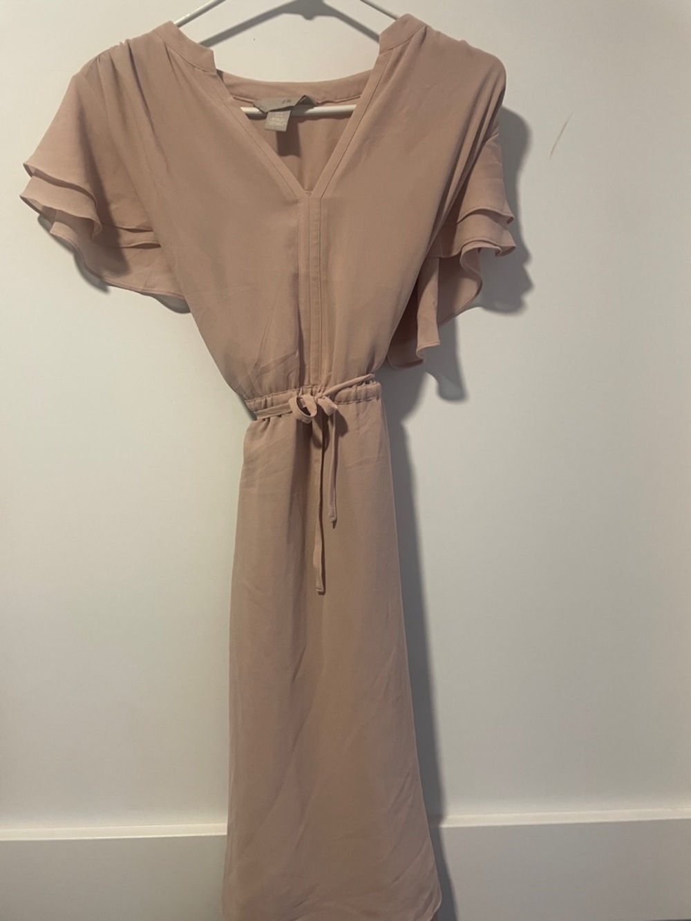 H&M Dusty Rose/Bone coloured V-Neck Midi Dress with Tie Waist